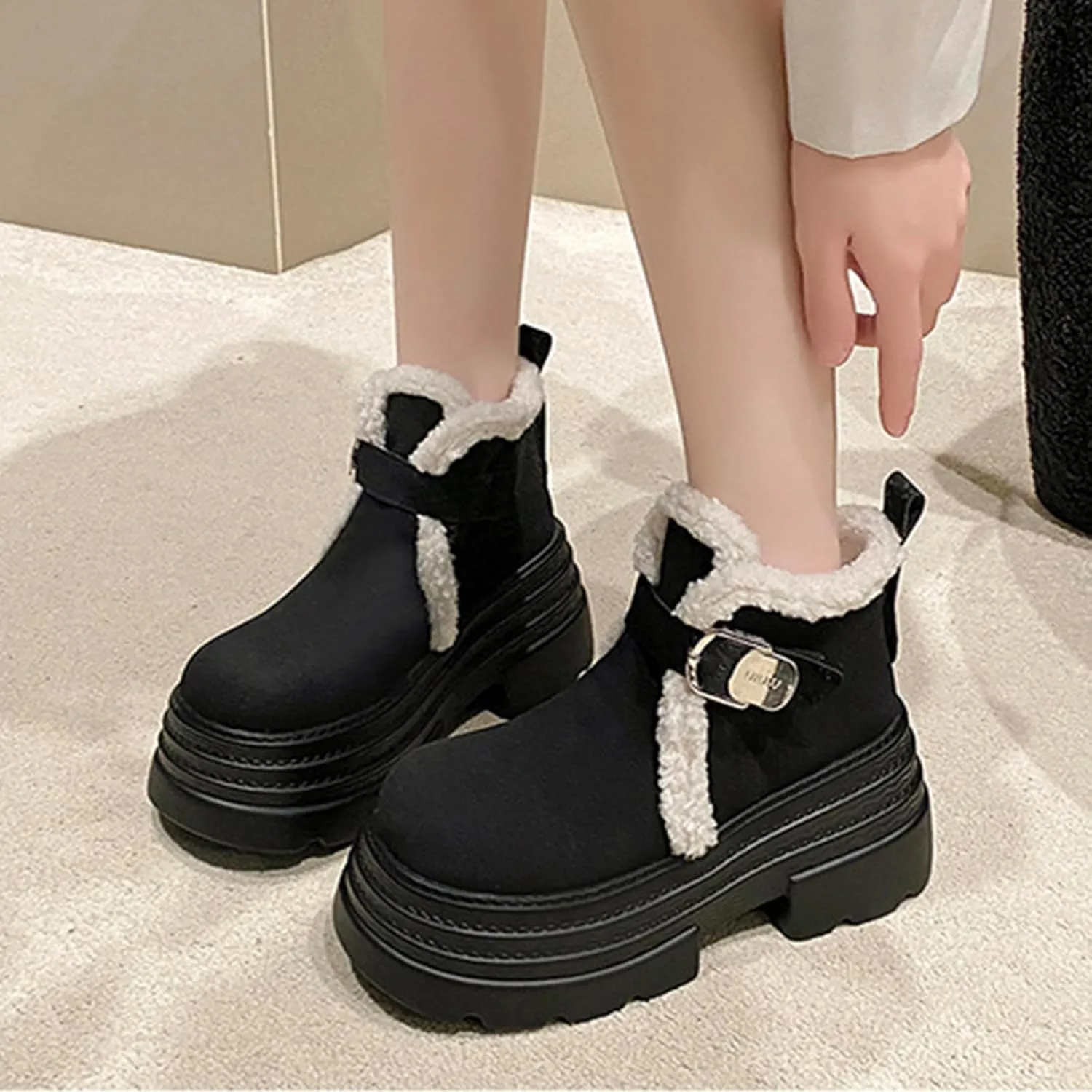 One-Foot Tower Buckle Snow Boots, Thick-Soled Low-Heeled Round-Toed Short Boots with Velvet Lining Raw Edge Warm Straight Boots Suede Frosted Casual Boots