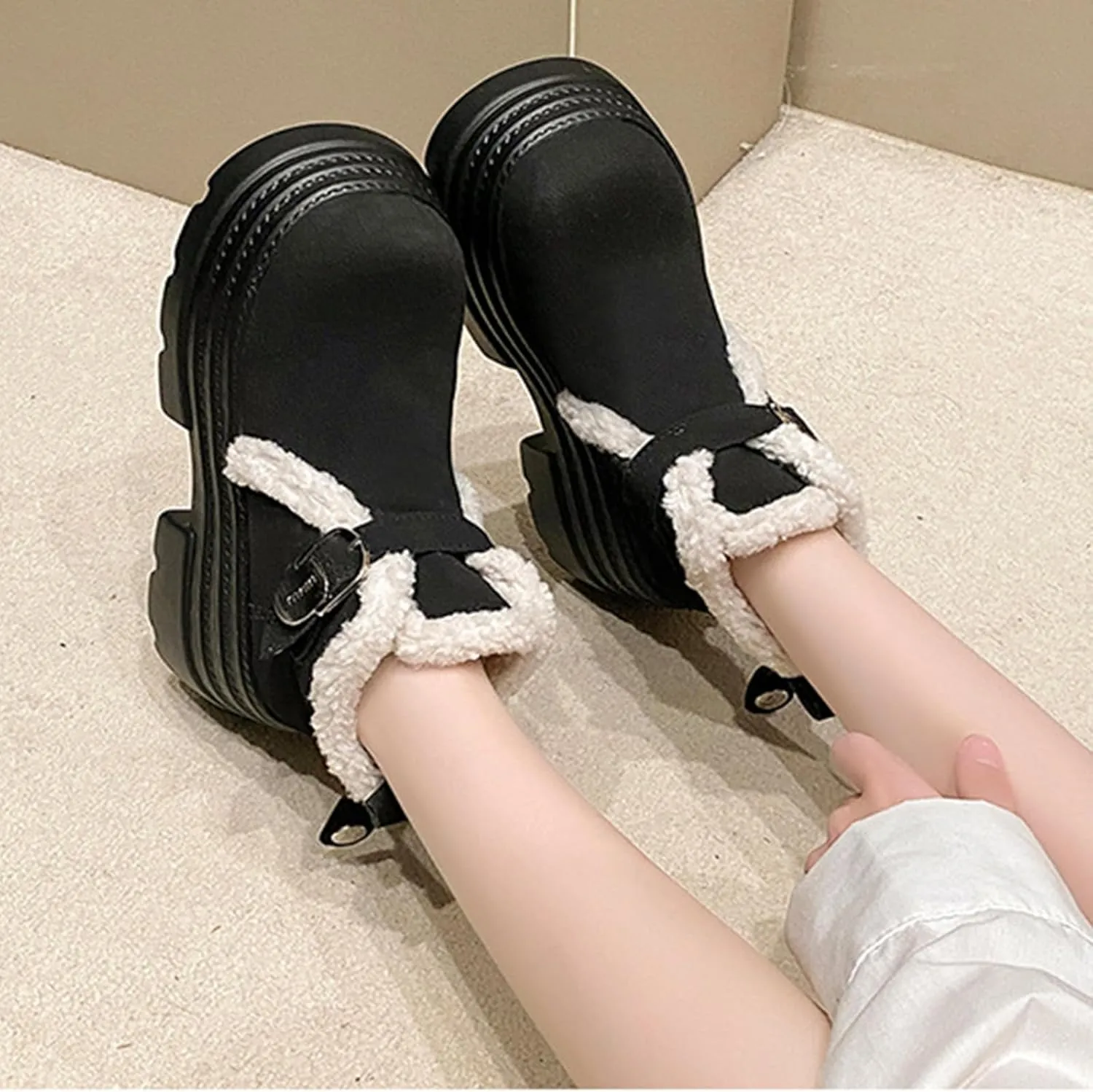 One-Foot Tower Buckle Snow Boots, Thick-Soled Low-Heeled Round-Toed Short Boots with Velvet Lining Raw Edge Warm Straight Boots Suede Frosted Casual Boots