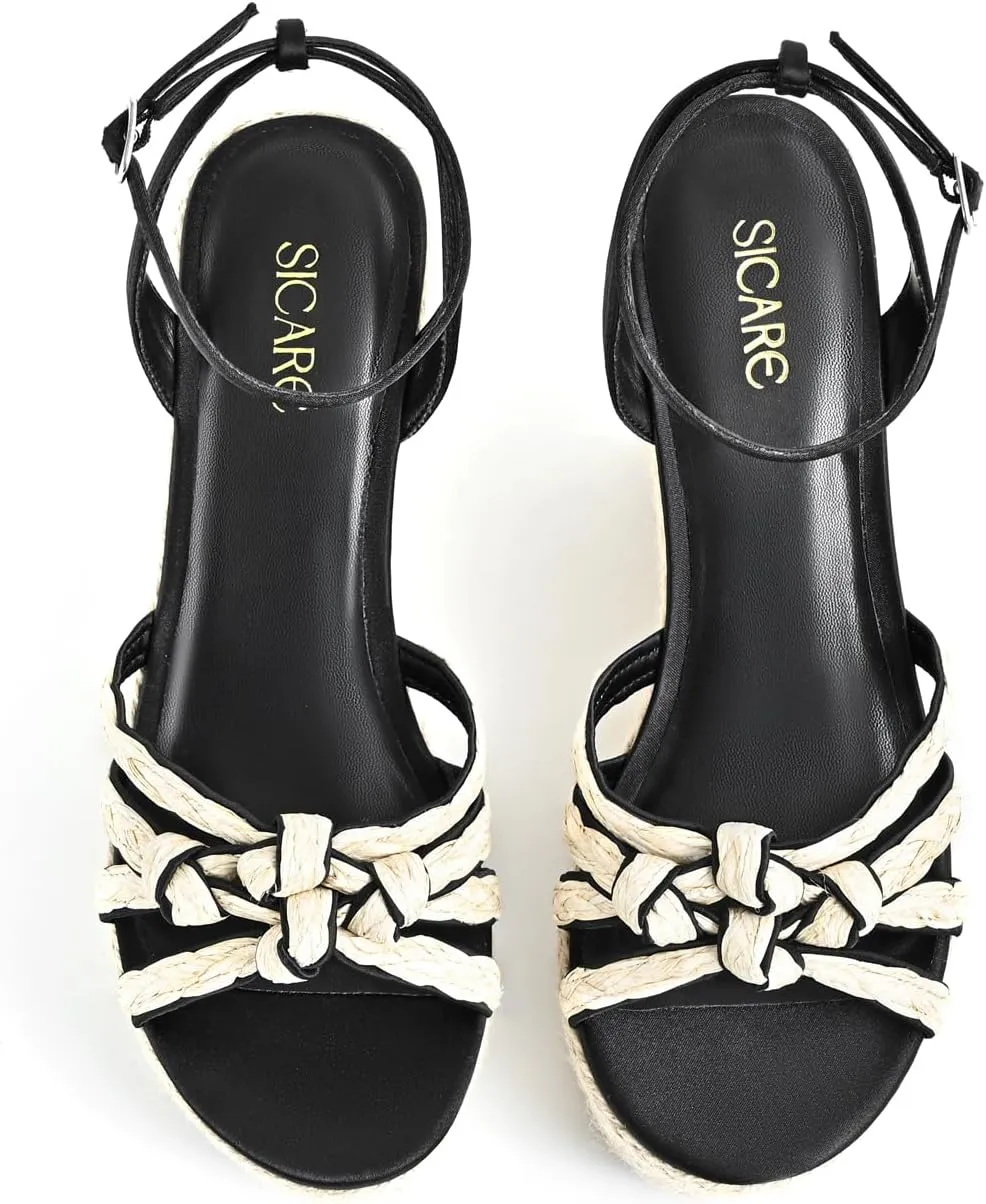 Open Toe Wedge Sandals for Women Espadrilles Platform Braided Strappy Sandals Comfortable Slip on High Heel Summer Wedges Sandals Dressy Shoes with Adjustable Ankle Strap