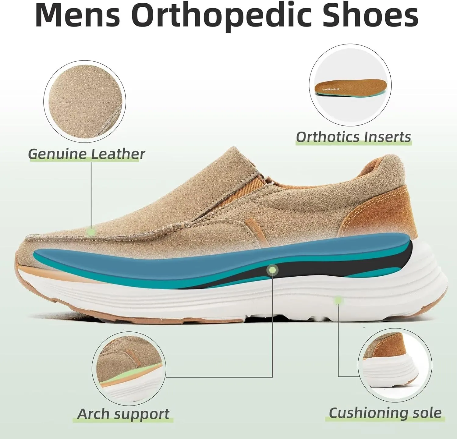OrthoComfoot Men's Orthopedic Leather Dress Walking Shoes: Casual Arch Support Slip-On Loafers for Plantar Fasciitis, Comfortable Orthotic Shoes for Foot and Heel Pain Relief