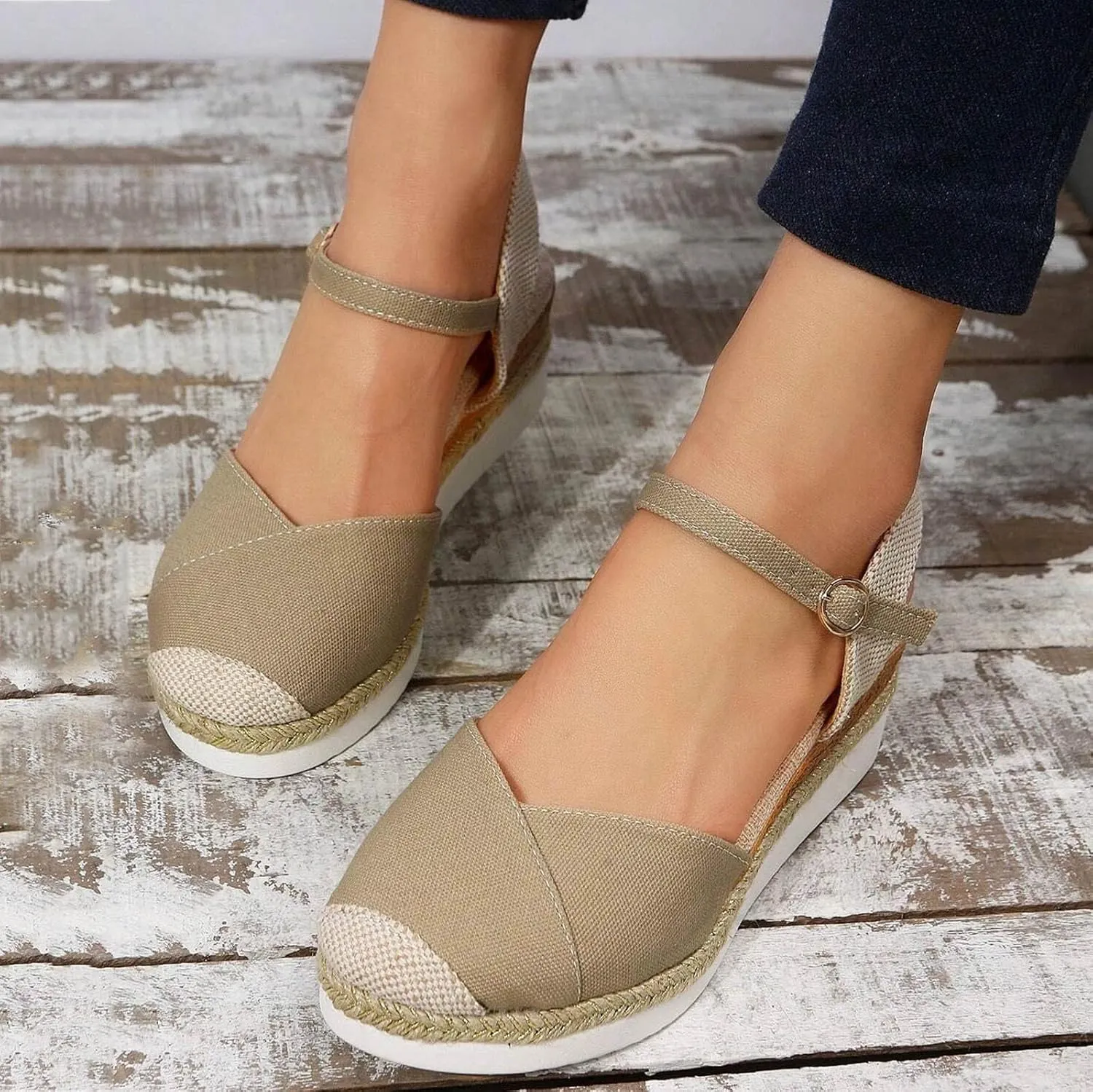 Orthopedic Platform Wedge Sandals for Women Summer Dressy 2023 Flat Open Toe Ankle Strap Espadrilles Sandals Casual Strappy Slip on Sandals Beach Boho Sandals Comfortable Outdoor Shoes (1-Khaki, 7)
