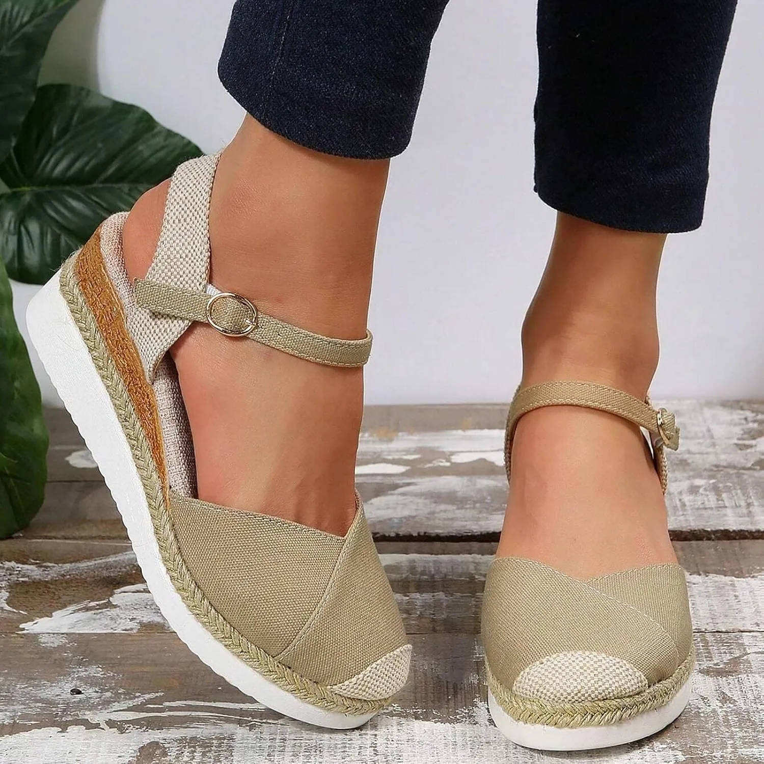 Orthopedic Platform Wedge Sandals for Women Summer Dressy 2023 Flat Open Toe Ankle Strap Espadrilles Sandals Casual Strappy Slip on Sandals Beach Boho Sandals Comfortable Outdoor Shoes (1-Khaki, 7)
