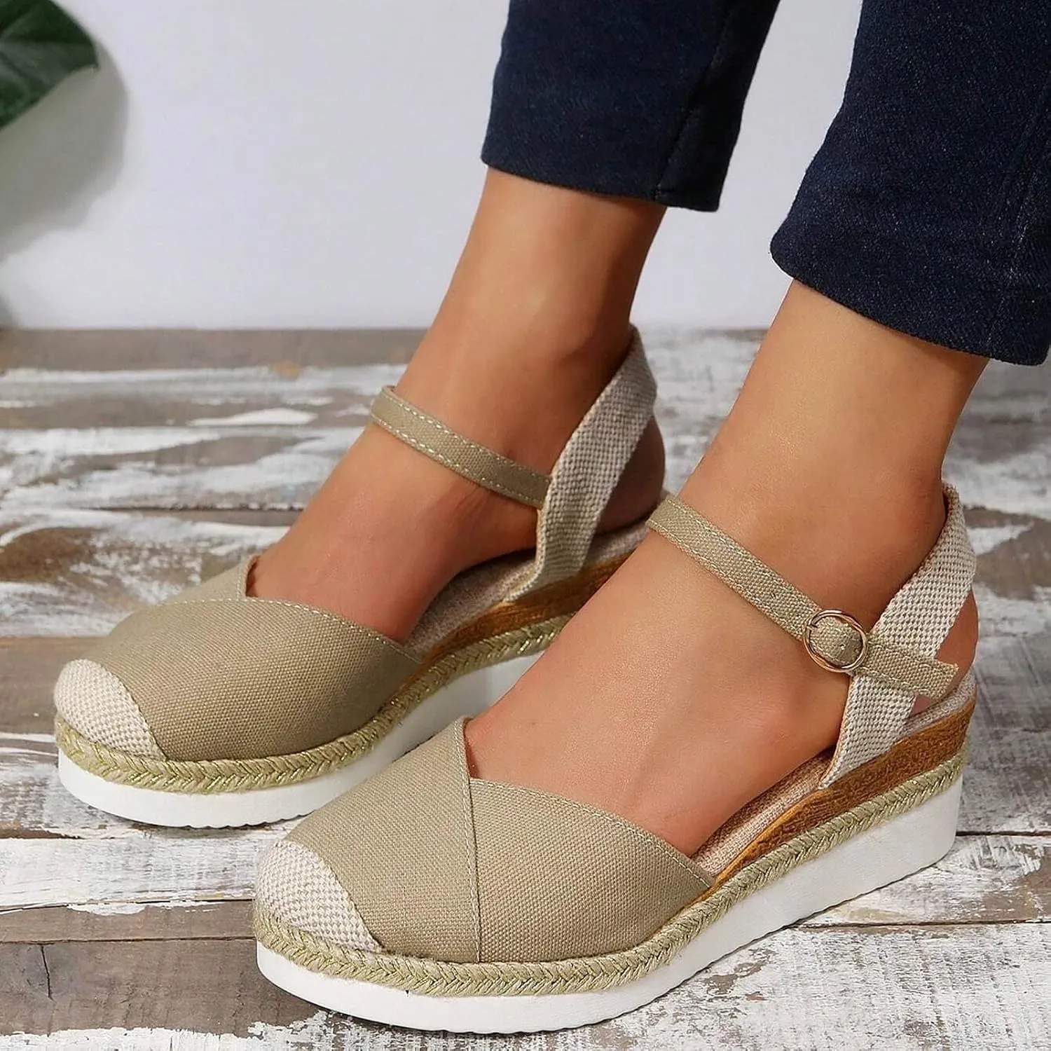 Orthopedic Platform Wedge Sandals for Women Summer Dressy 2023 Flat Open Toe Ankle Strap Espadrilles Sandals Casual Strappy Slip on Sandals Beach Boho Sandals Comfortable Outdoor Shoes (1-Khaki, 7)