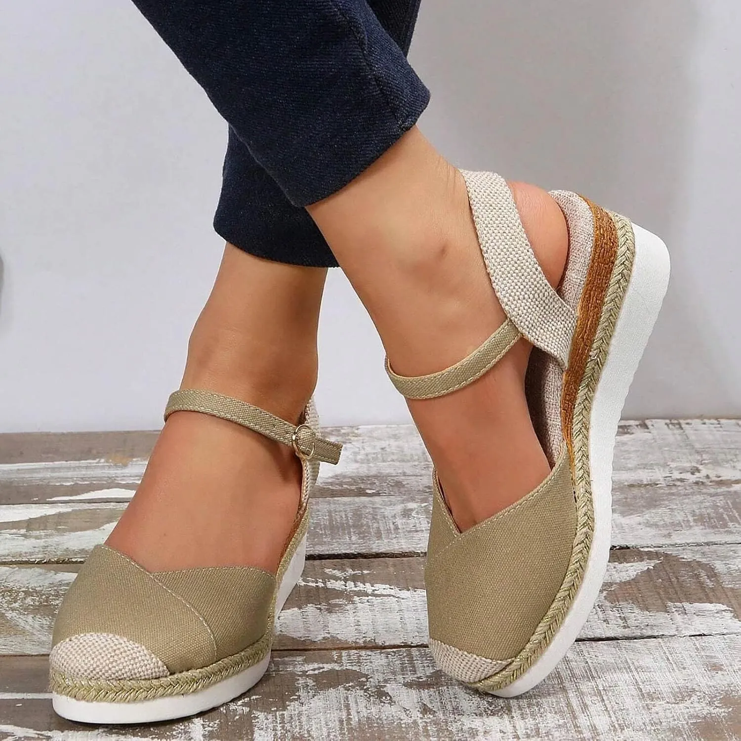 Orthopedic Platform Wedge Sandals for Women Summer Dressy 2023 Flat Open Toe Ankle Strap Espadrilles Sandals Casual Strappy Slip on Sandals Beach Boho Sandals Comfortable Outdoor Shoes (1-Khaki, 7)