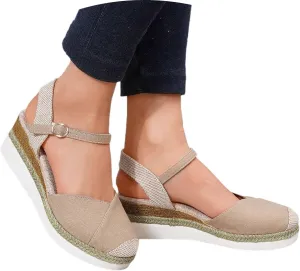 Orthopedic Platform Wedge Sandals for Women Summer Dressy 2023 Flat Open Toe Ankle Strap Espadrilles Sandals Casual Strappy Slip on Sandals Beach Boho Sandals Comfortable Outdoor Shoes (1-Khaki, 7)