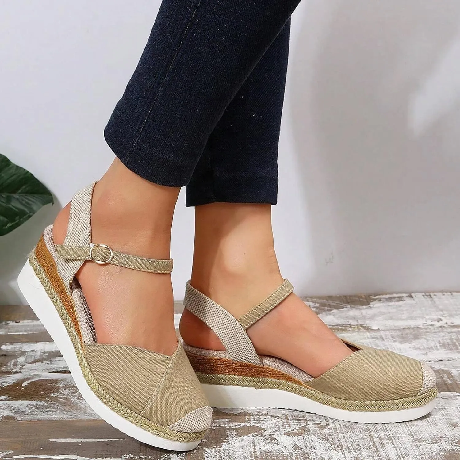 Orthopedic Platform Wedge Sandals for Women Summer Dressy 2023 Flat Open Toe Ankle Strap Espadrilles Sandals Casual Strappy Slip on Sandals Beach Boho Sandals Comfortable Outdoor Shoes (1-Khaki, 7)