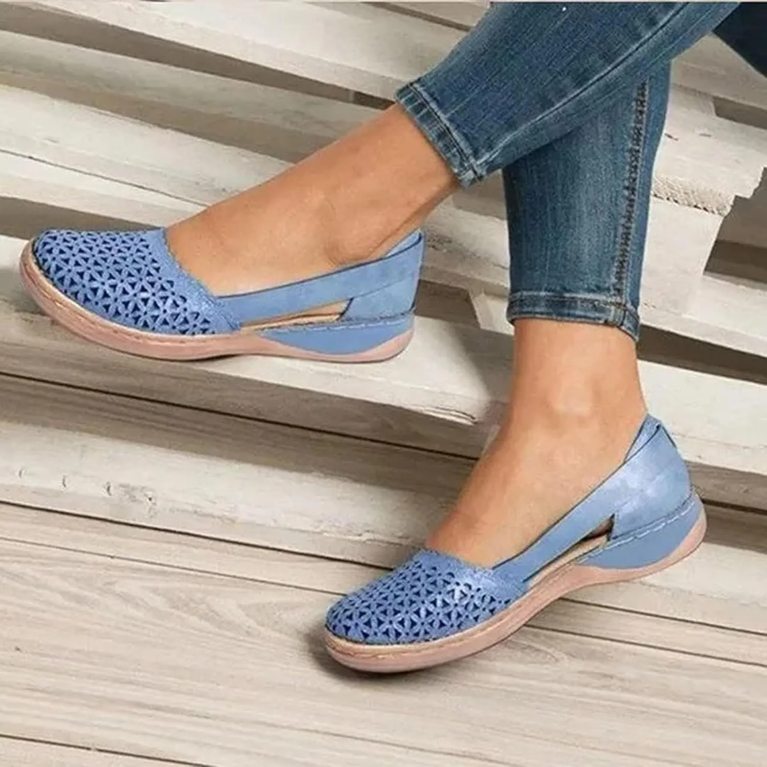 Orthopedic Sandals for Women Fashion Hollow Out Wedge Sandals Summer Comfortable Closed Toe Low Heel Flat Shoes Plus Size Breathable Casual Outdoor Shoes