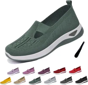 Orthowalkway Womens Shoes, Women's Woven Orthopedic Breathable Soft Shoes Arch Support Slip-On Sneakers, Indoor Outdoor Casual Walking Anti-Skid Sports Shoes