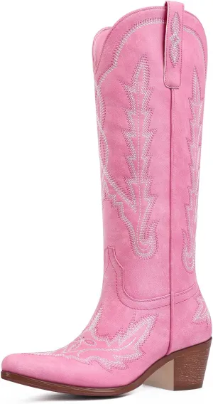 Ouepiano Cowboy Boots for Women Knee High Cowgirl Boots with Classic Embroidered Slip On Pointed Toe Chunky Heel Pull On Fashion Retro Tall Boot