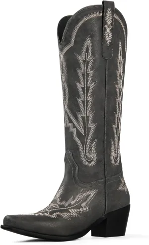 Ouepiano Cowboy Boots for Women Knee High Cowgirl Boots with Classic Embroidered Slip On Pointed Toe Chunky Heel Pull On Fashion Retro Tall Boot