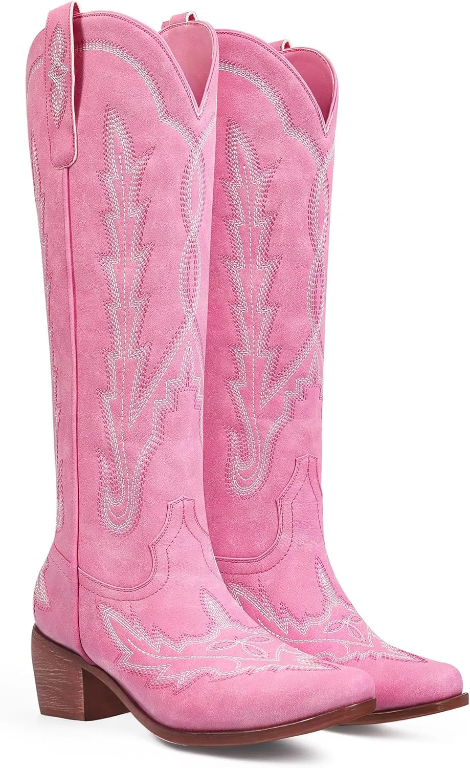 Ouepiano Cowboy Boots for Women Knee High Cowgirl Boots with Classic Embroidered Slip On Pointed Toe Chunky Heel Pull On Fashion Retro Tall Boot
