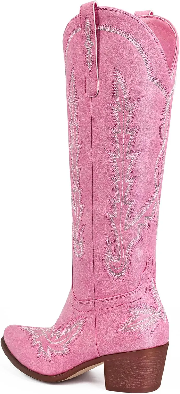 Ouepiano Cowboy Boots for Women Knee High Cowgirl Boots with Classic Embroidered Slip On Pointed Toe Chunky Heel Pull On Fashion Retro Tall Boot