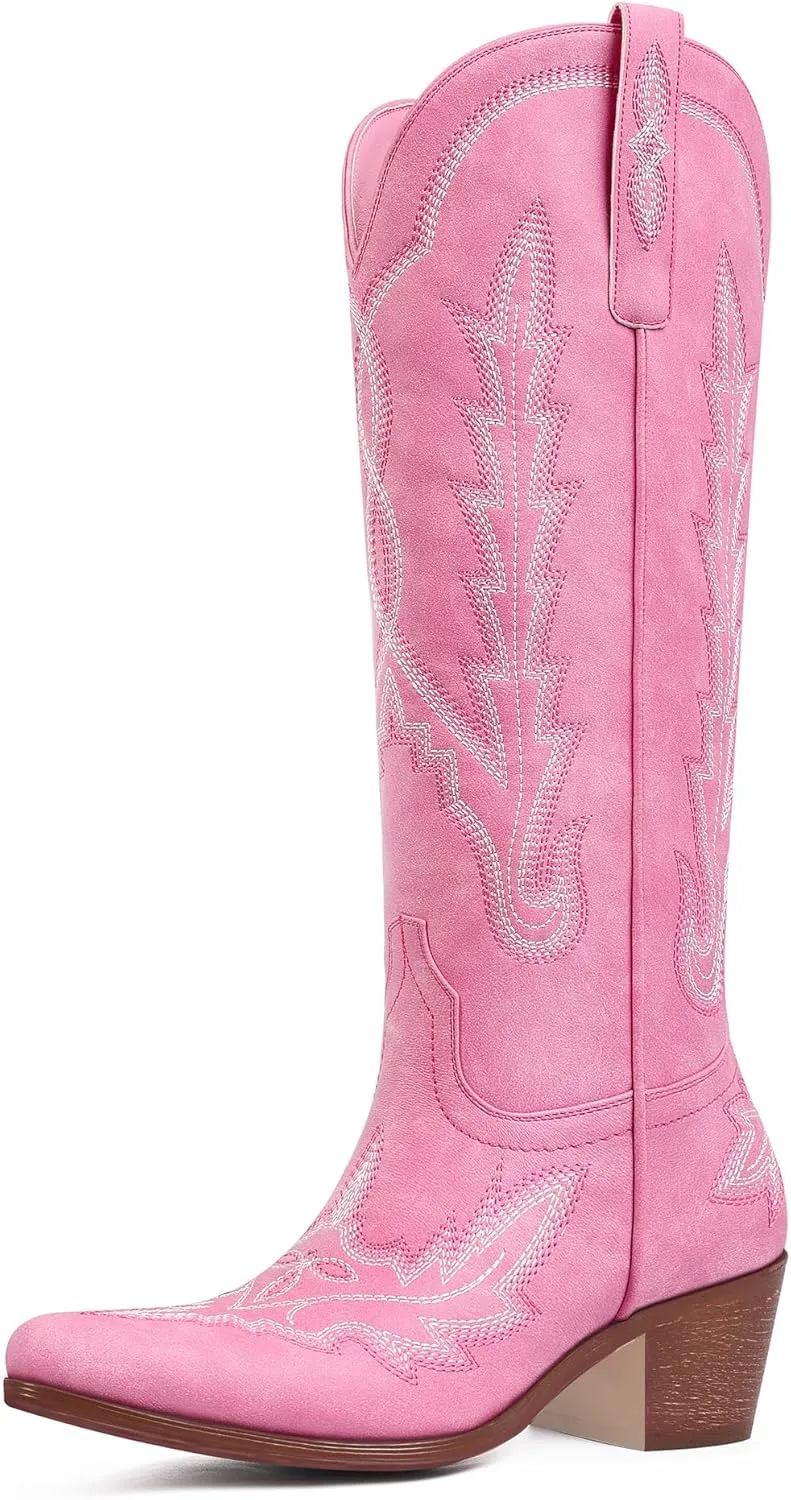 Ouepiano Cowboy Boots for Women Knee High Cowgirl Boots with Classic Embroidered Slip On Pointed Toe Chunky Heel Pull On Fashion Retro Tall Boot