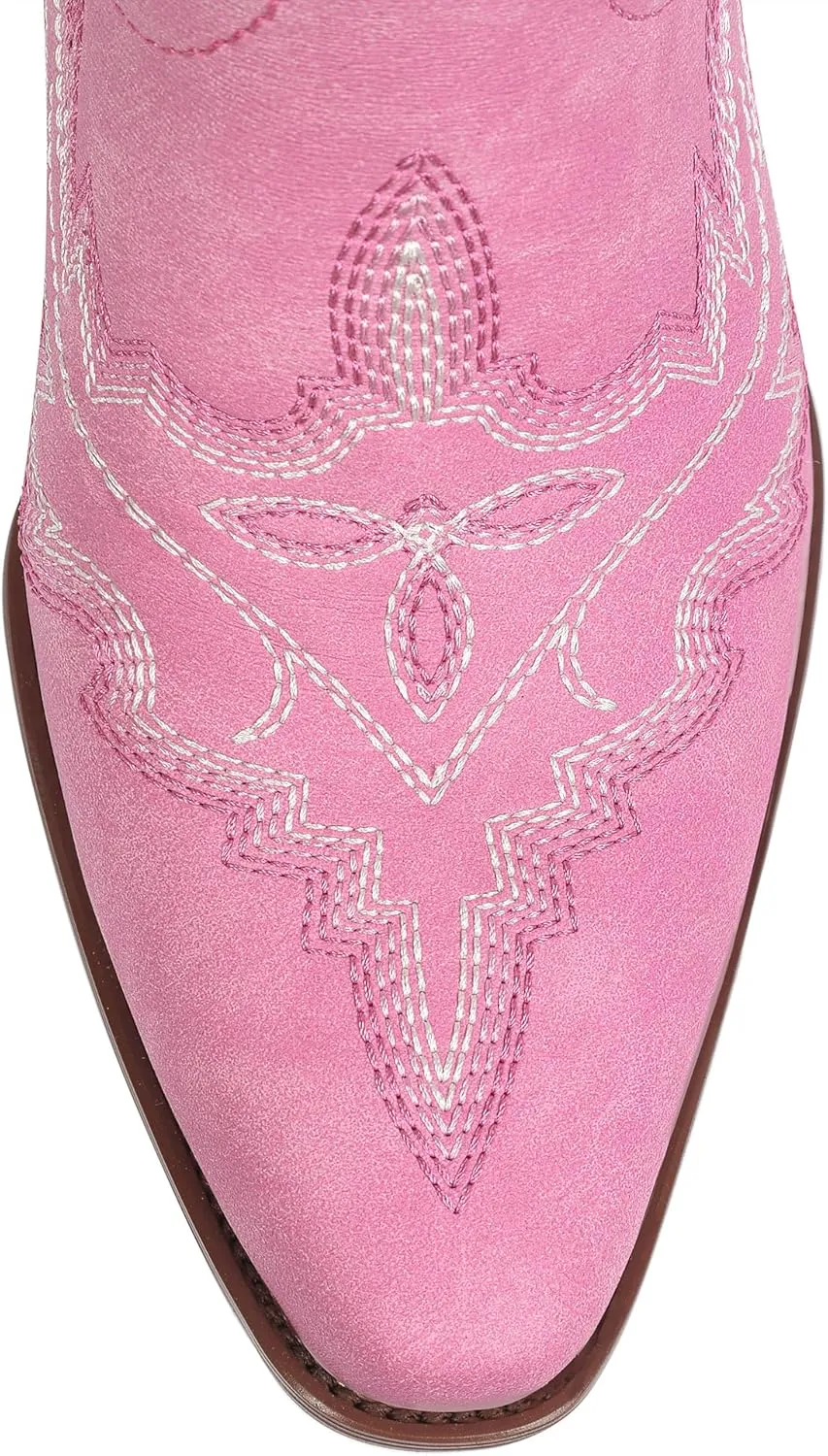 Ouepiano Cowboy Boots for Women Knee High Cowgirl Boots with Classic Embroidered Slip On Pointed Toe Chunky Heel Pull On Fashion Retro Tall Boot