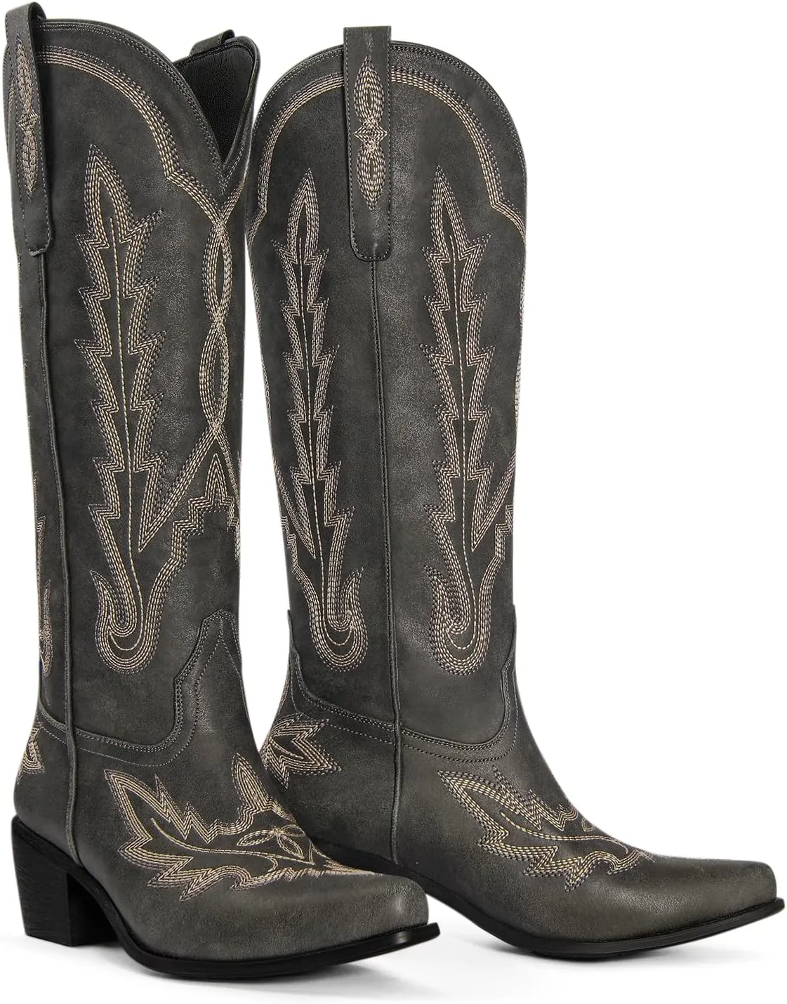 Ouepiano Cowboy Boots for Women Knee High Cowgirl Boots with Classic Embroidered Slip On Pointed Toe Chunky Heel Pull On Fashion Retro Tall Boot