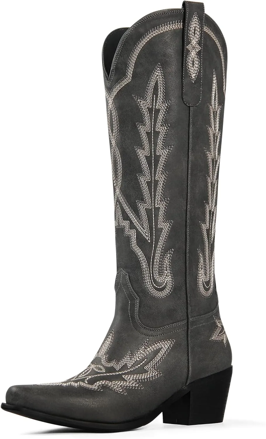 Ouepiano Cowboy Boots for Women Knee High Cowgirl Boots with Classic Embroidered Slip On Pointed Toe Chunky Heel Pull On Fashion Retro Tall Boot