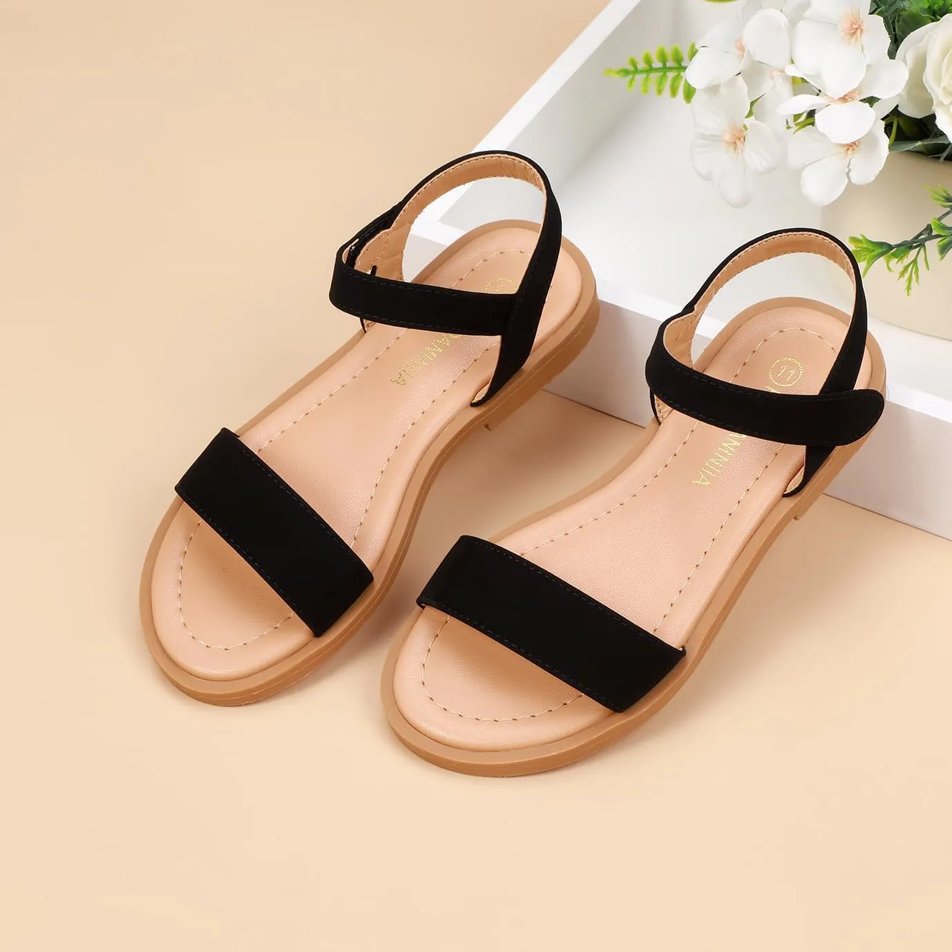 PANDANINJIA Gina Girls Sandals Open Toe Summer Flats Dress Sandals Shoes Toddler/Little Kid/Big Kid