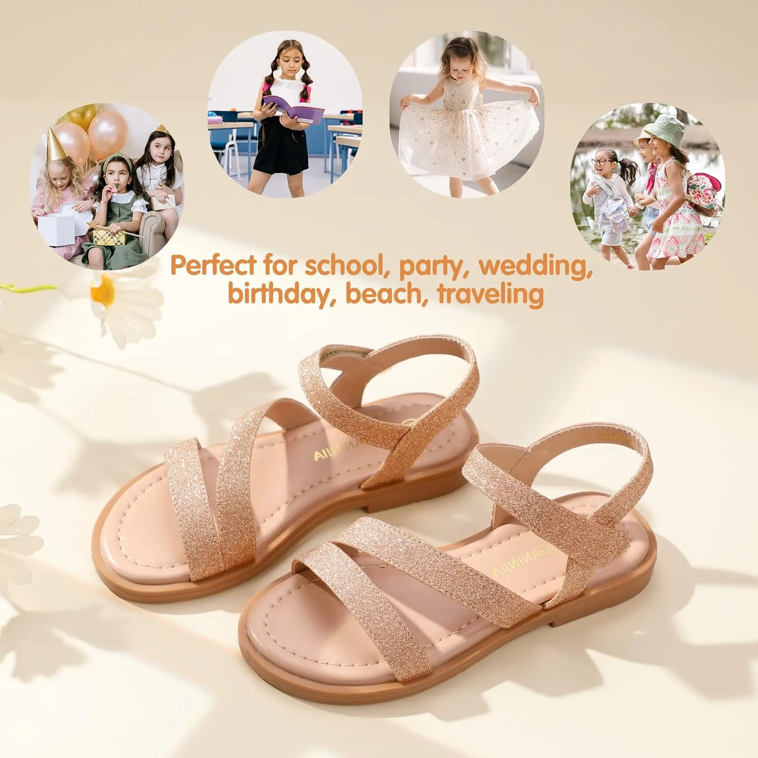 PANDANINJIA Girls Sandals Monica Summer Open Toe Flats Shoes Dress Sandals for Toddler Little Kid Big Kid