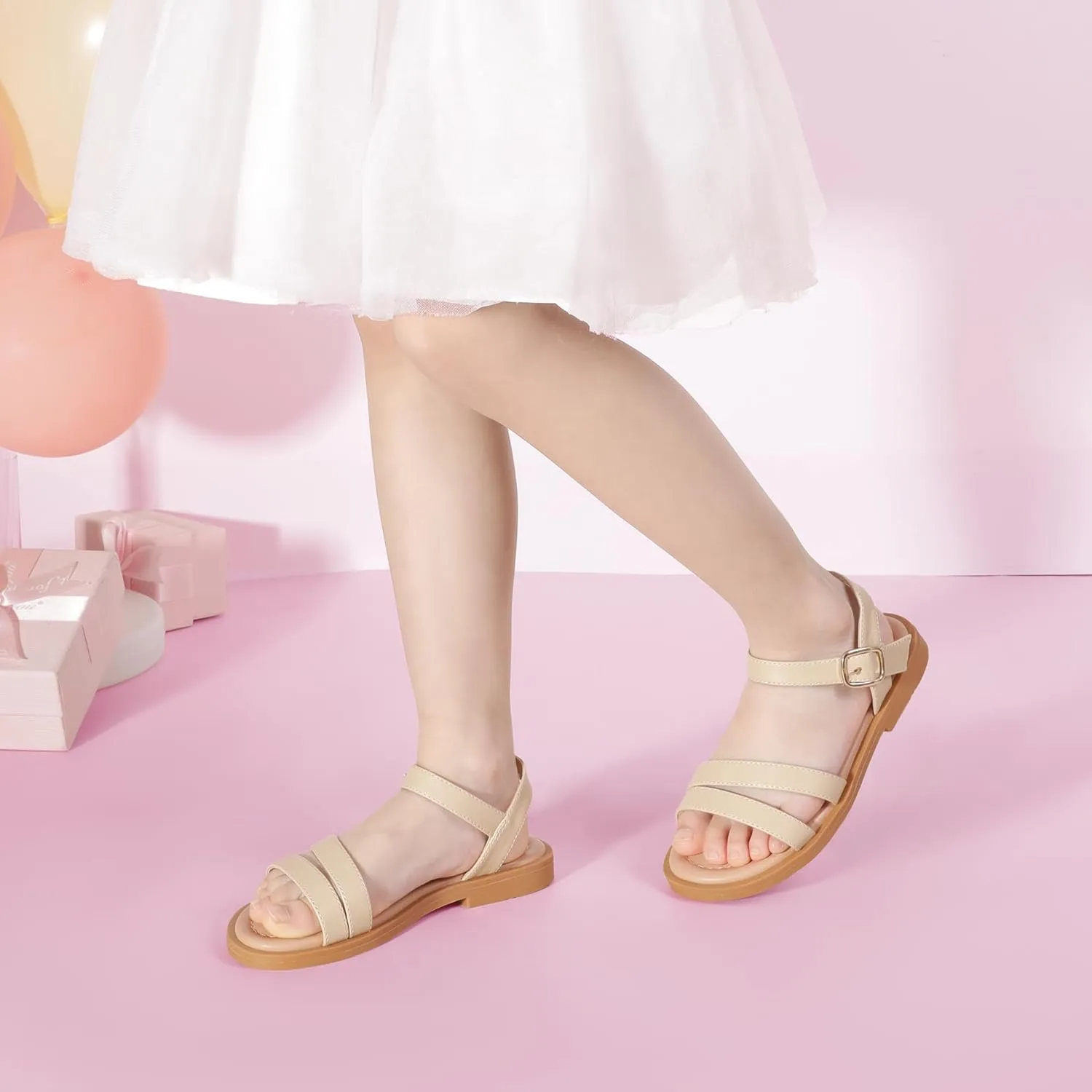 PANDANINJIA Girls Sandals Toddler Little Big Kids Kid Cute Open Toe Flats Dress Sandals Mona Summer Shoes