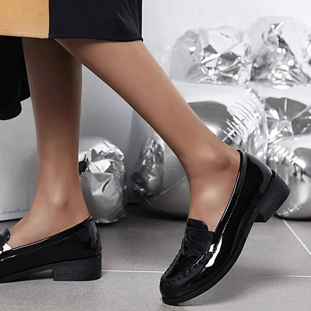 Parisuit Women's Patent Leather Loafers Flat Low Heel Slip On Pumps Round Toe Fashion Dress Uniform Work Shoes