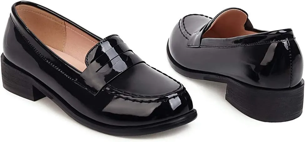 Parisuit Women's Patent Leather Loafers Flat Low Heel Slip On Pumps Round Toe Fashion Dress Uniform Work Shoes