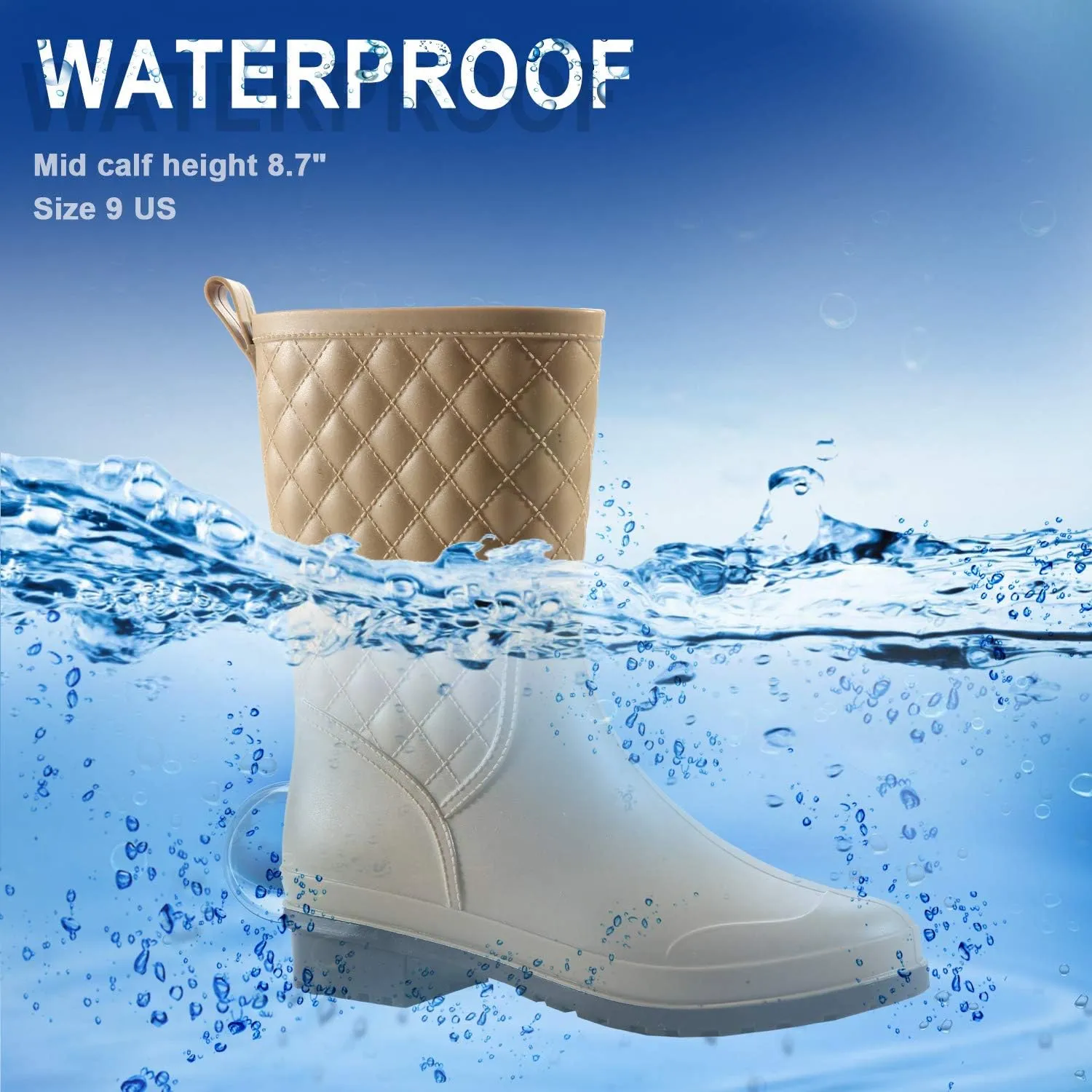Petrass Women Rain Boots Black Waterproof Mid Calf Lightweight Cute Booties Fashion Out Work Comfortable Garden Shoes
