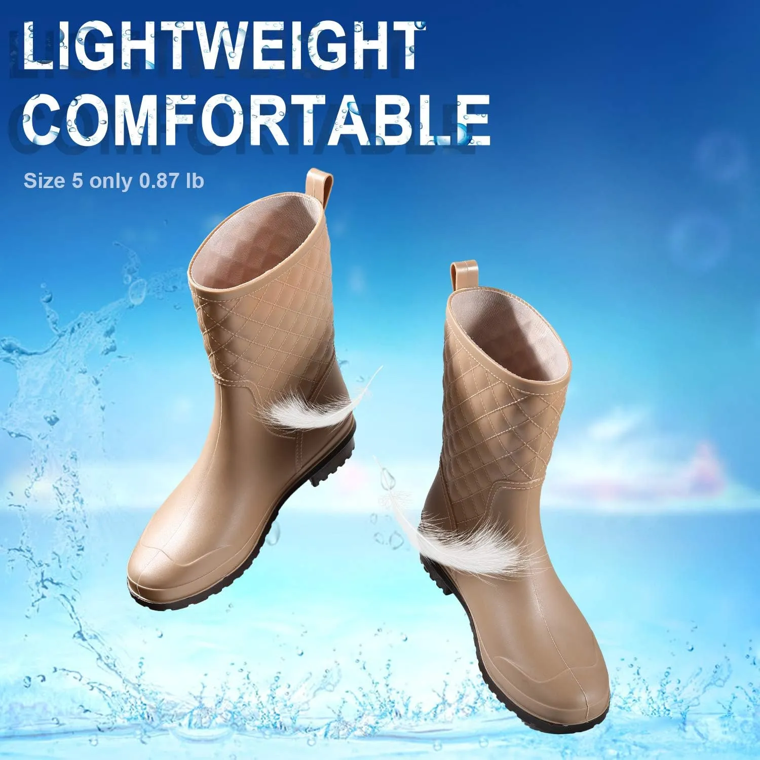 Petrass Women Rain Boots Black Waterproof Mid Calf Lightweight Cute Booties Fashion Out Work Comfortable Garden Shoes