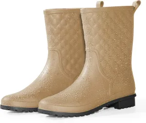 Petrass Women Rain Boots Black Waterproof Mid Calf Lightweight Cute Booties Fashion Out Work Comfortable Garden Shoes