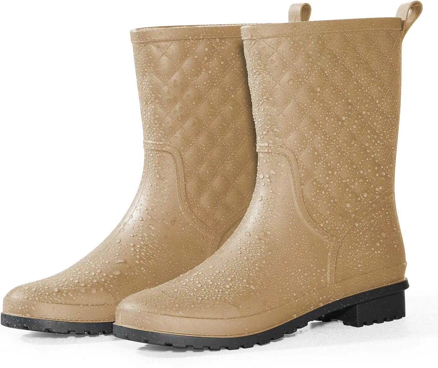 Petrass Women Rain Boots Black Waterproof Mid Calf Lightweight Cute Booties Fashion Out Work Comfortable Garden Shoes