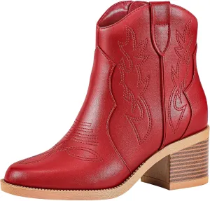 PIZZ ANNU Women's Embroidered Western Cowboy Boots Cowgirl Round Toe Short Ankle Boots Ladies Fashion Retro Classic Booties Chunky Heels