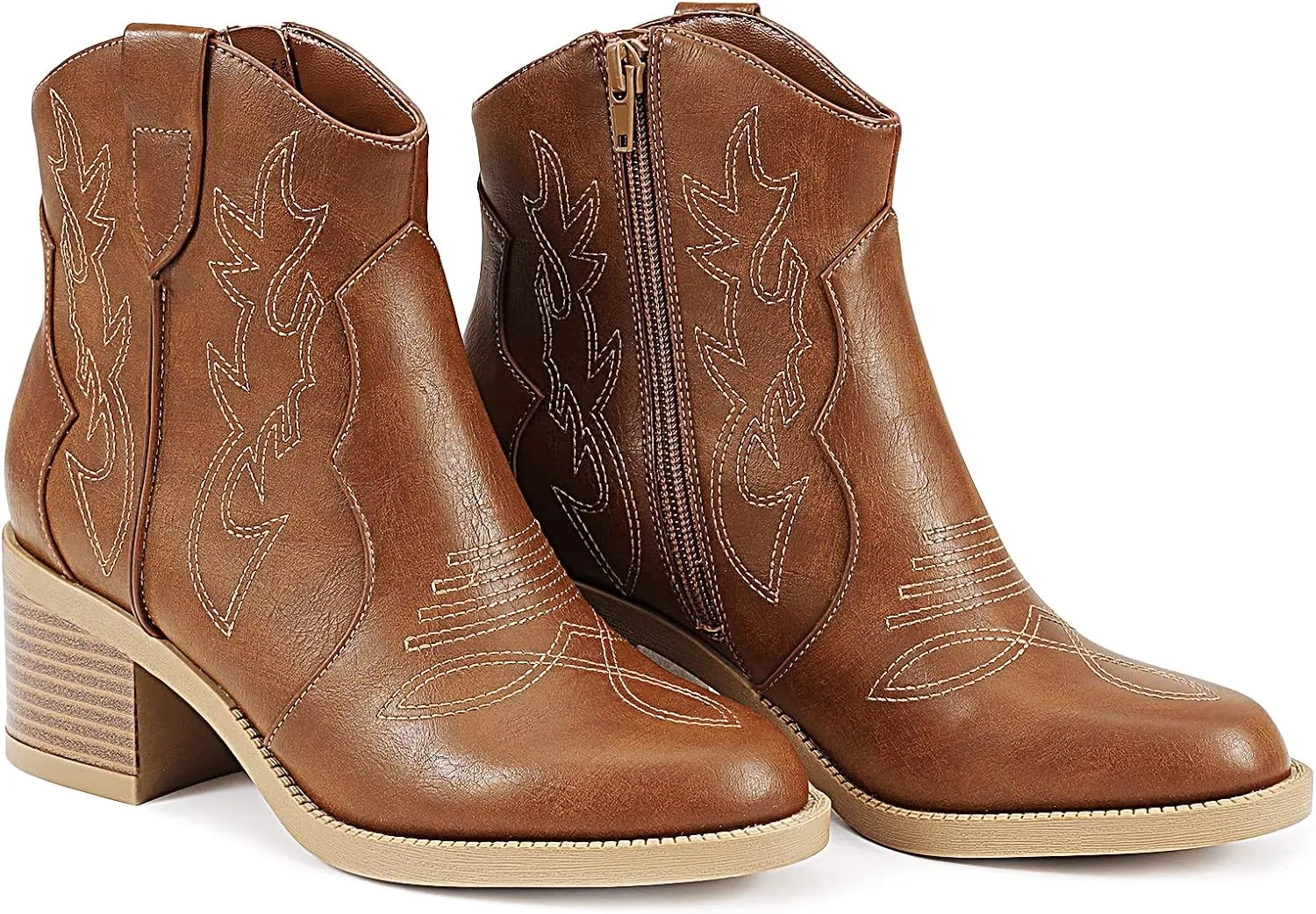 PIZZ ANNU Women's Embroidered Western Cowboy Boots Cowgirl Round Toe Short Ankle Boots Ladies Fashion Retro Classic Booties Chunky Heels