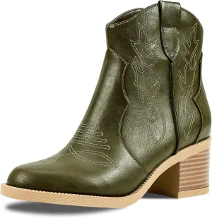 PIZZ ANNU Women's Embroidered Western Cowboy Boots Cowgirl Round Toe Short Ankle Boots Ladies Fashion Retro Classic Booties Chunky Heels