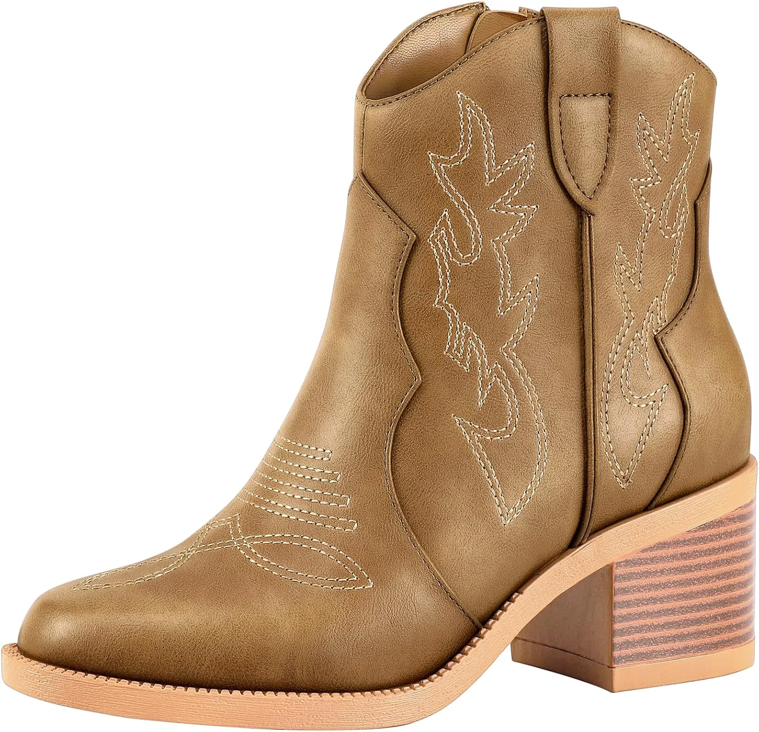 PIZZ ANNU Women's Embroidered Western Cowboy Boots Cowgirl Round Toe Short Ankle Boots Ladies Fashion Retro Classic Booties Chunky Heels