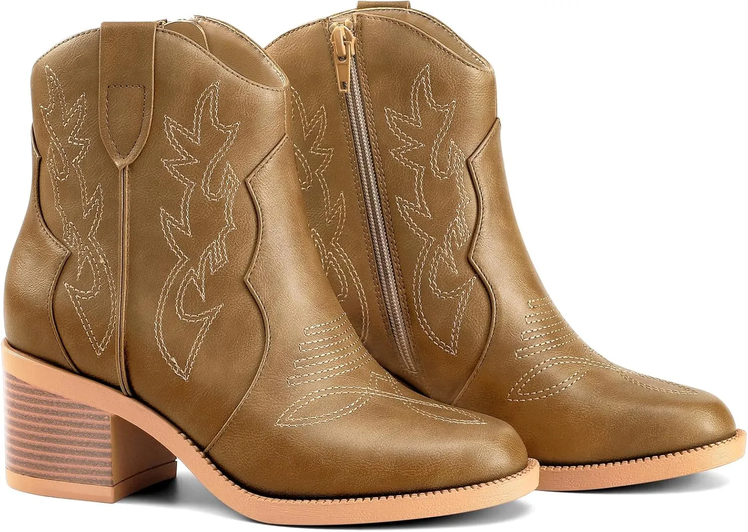 PIZZ ANNU Women's Embroidered Western Cowboy Boots Cowgirl Round Toe Short Ankle Boots Ladies Fashion Retro Classic Booties Chunky Heels