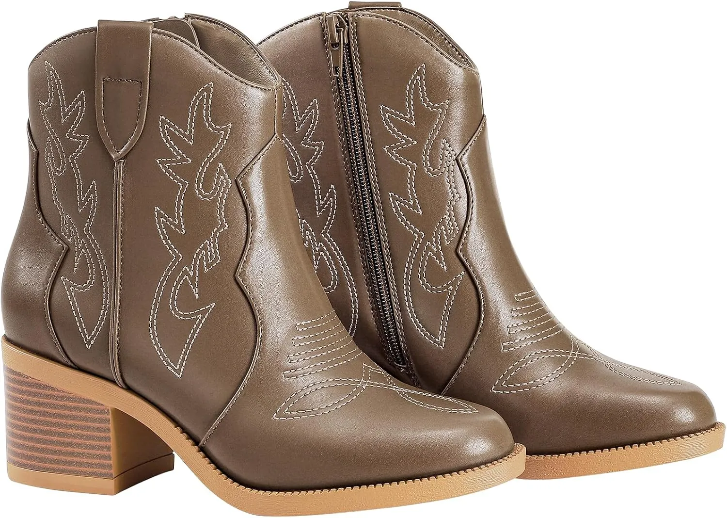 PIZZ ANNU Women's Embroidered Western Cowboy Boots Cowgirl Round Toe Short Ankle Boots Ladies Fashion Retro Classic Booties Chunky Heels
