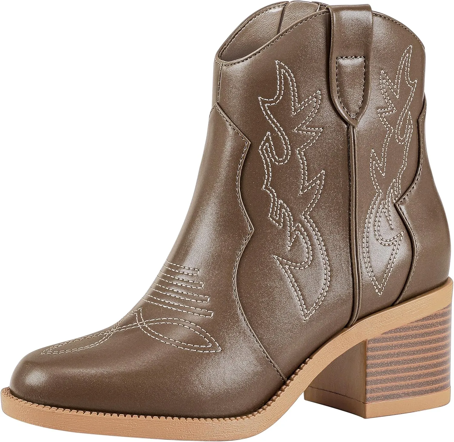 PIZZ ANNU Women's Embroidered Western Cowboy Boots Cowgirl Round Toe Short Ankle Boots Ladies Fashion Retro Classic Booties Chunky Heels