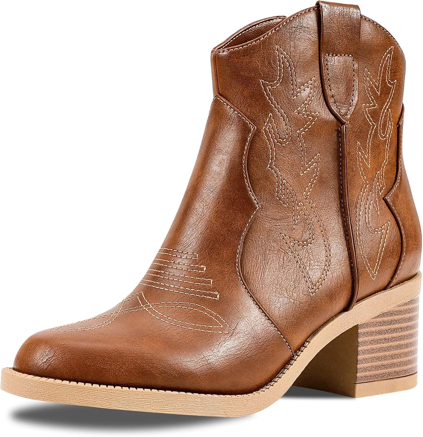 PIZZ ANNU Women's Embroidered Western Cowboy Boots Cowgirl Round Toe Short Ankle Boots Ladies Fashion Retro Classic Booties Chunky Heels