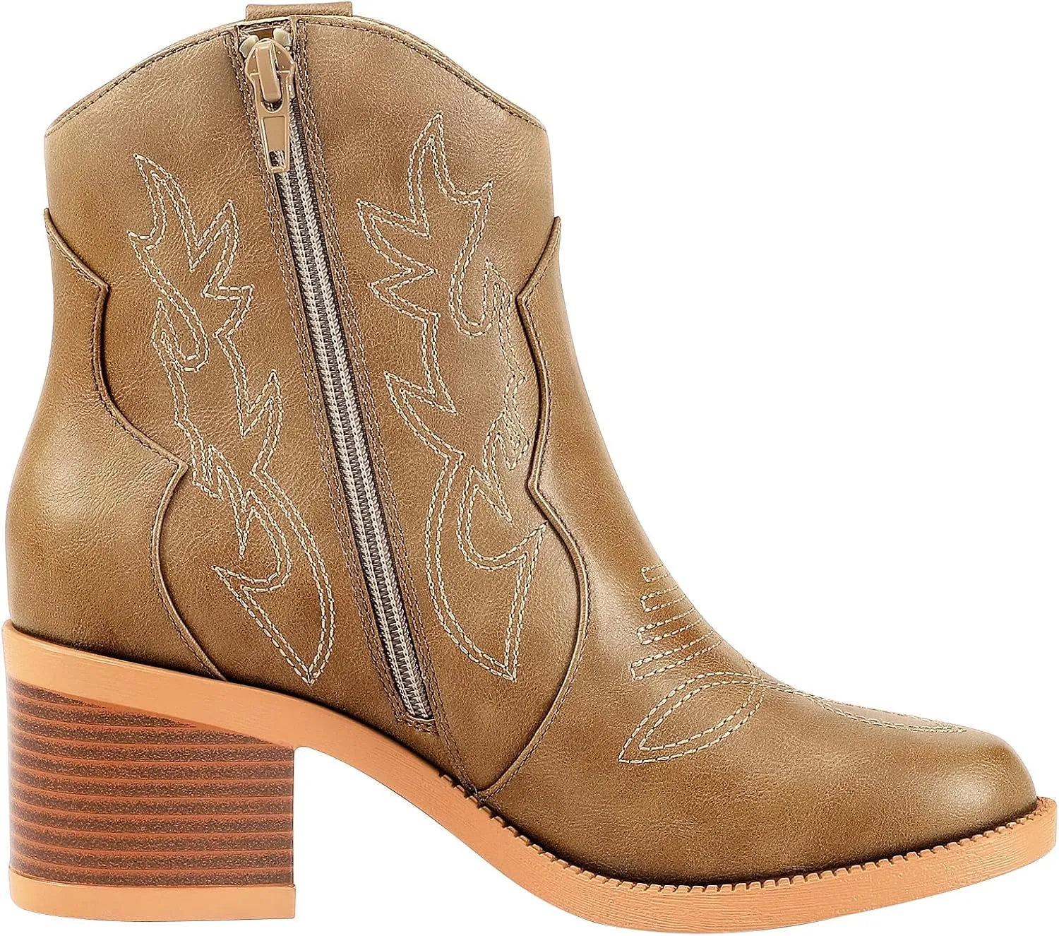 PIZZ ANNU Women's Embroidered Western Cowboy Boots Cowgirl Round Toe Short Ankle Boots Ladies Fashion Retro Classic Booties Chunky Heels