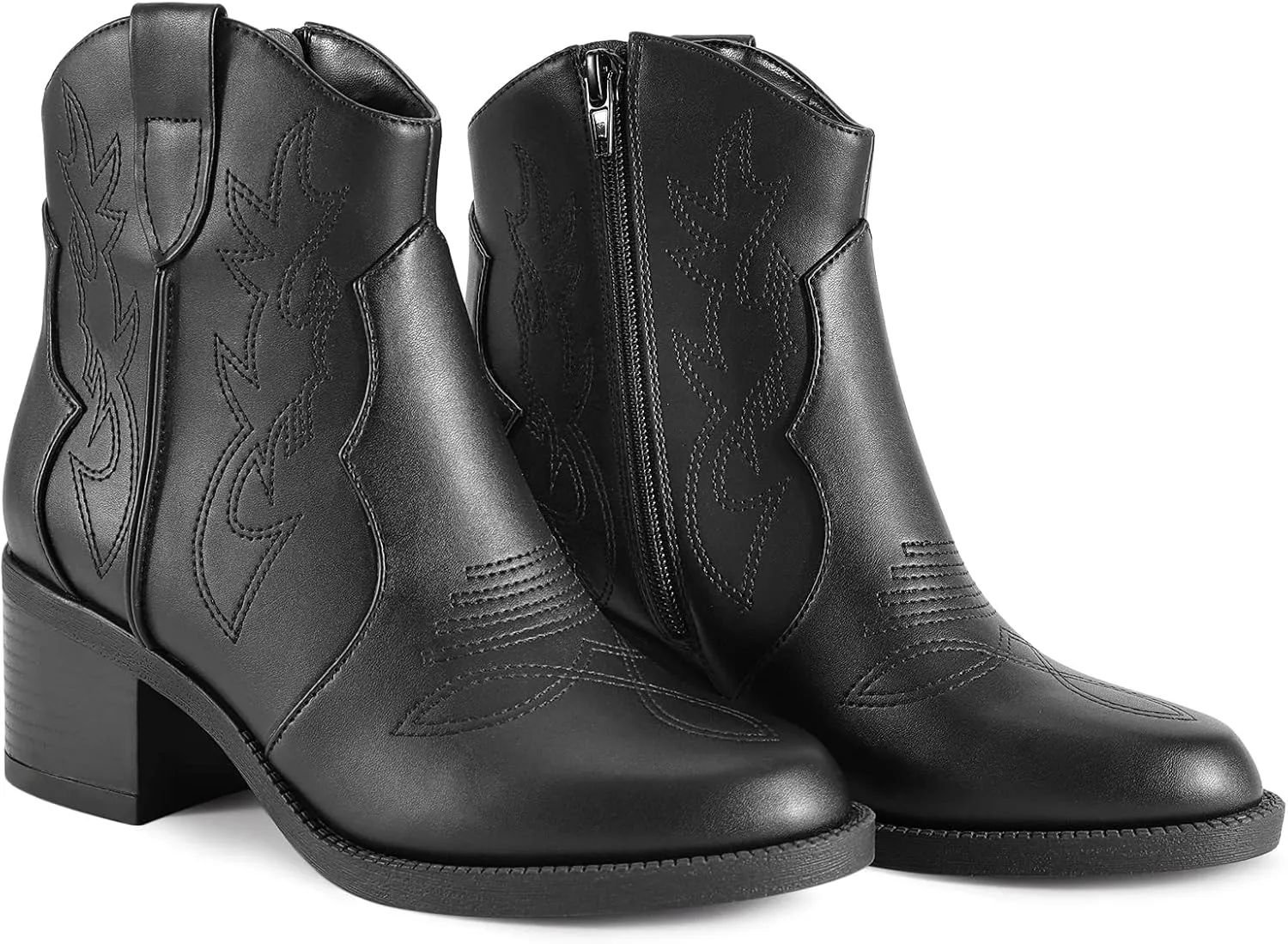 PIZZ ANNU Women's Embroidered Western Cowboy Boots Cowgirl Round Toe Short Ankle Boots Ladies Fashion Retro Classic Booties Chunky Heels