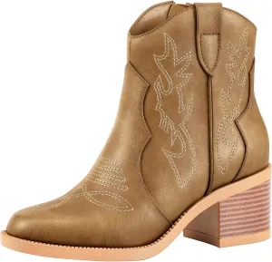 PIZZ ANNU Women's Embroidered Western Cowboy Boots Cowgirl Round Toe Short Ankle Boots Ladies Fashion Retro Classic Booties Chunky Heels