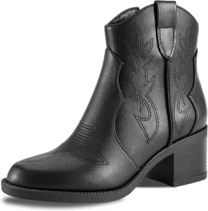 PIZZ ANNU Women's Embroidered Western Cowboy Boots Cowgirl Round Toe Short Ankle Boots Ladies Fashion Retro Classic Booties Chunky Heels