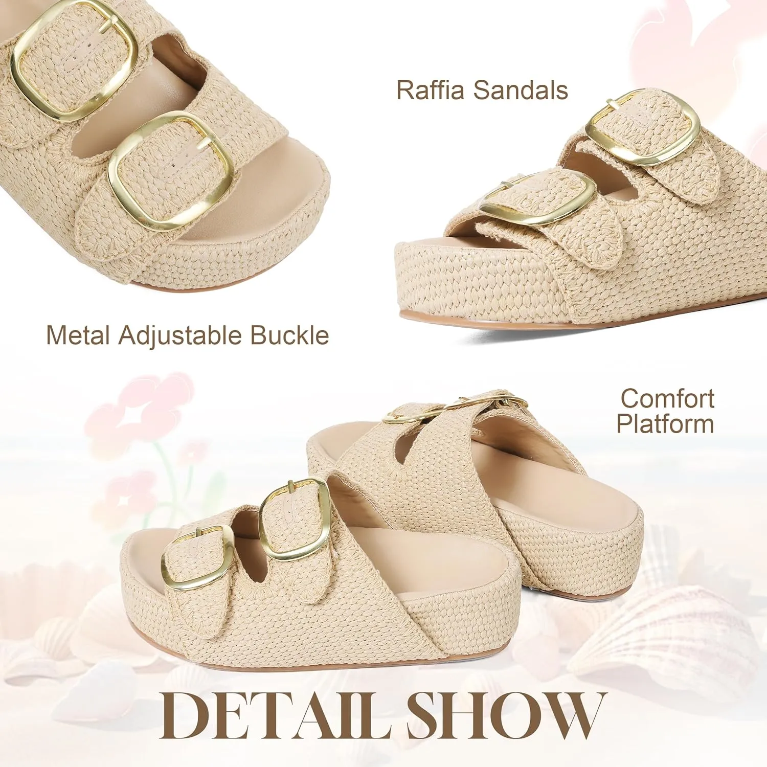 Platform Sandals For Women Raffia Espadrilles Open Toe Flatform Sandals Slip On Slide Sandals Casual Woven Sandals Summer Beach Sandals