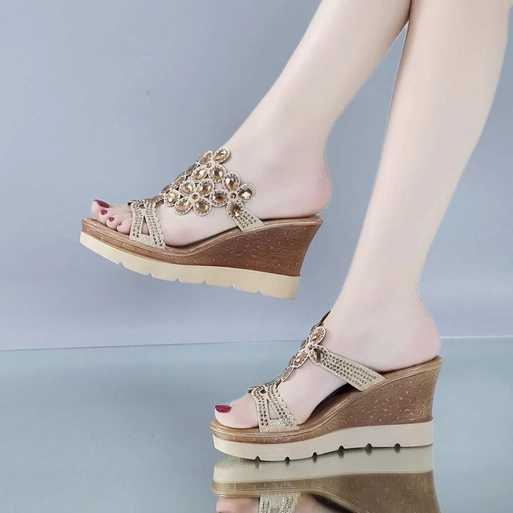 Platform Sandals Women Rhinestone Wedge Slippers Fashion Bohemian Sandals Comfortable Slip on Beach Slippers