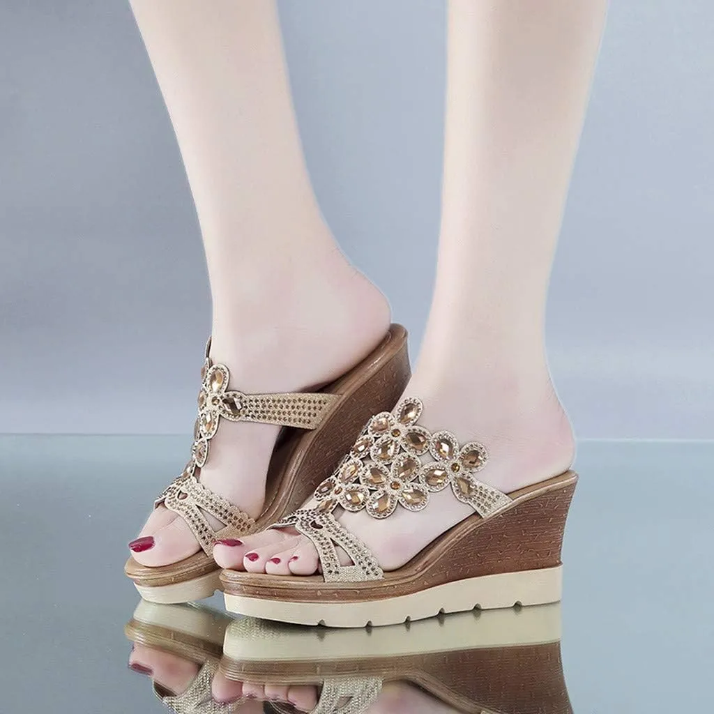 Platform Sandals Women Rhinestone Wedge Slippers Fashion Bohemian Sandals Comfortable Slip on Beach Slippers
