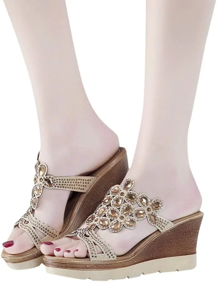 Platform Sandals Women Rhinestone Wedge Slippers Fashion Bohemian Sandals Comfortable Slip on Beach Slippers