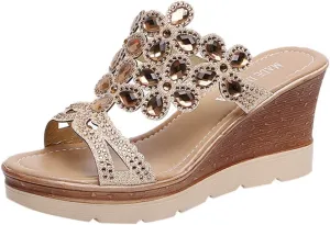 Platform Sandals Women Rhinestone Wedge Slippers Fashion Bohemian Sandals Comfortable Slip on Beach Slippers