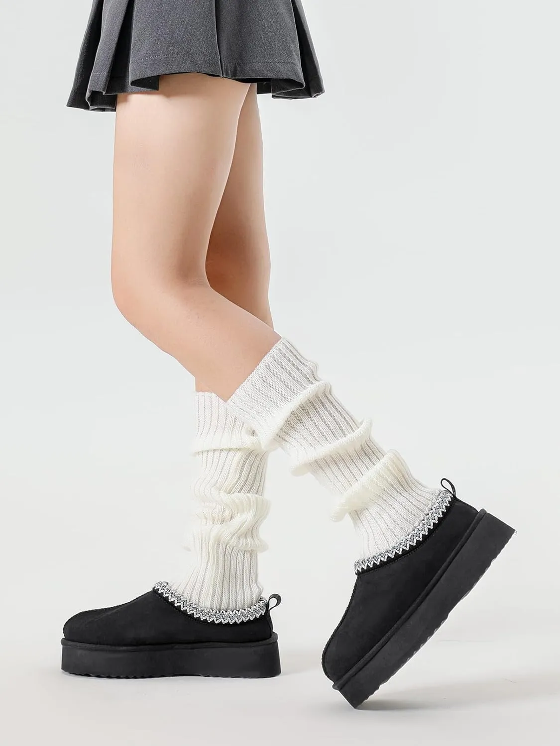 Platform Slippers for Women Mini Boots Genuine Suede Genuine Fur Ankle Snow Boots Braided Indoor Outdoor Slip On Mules