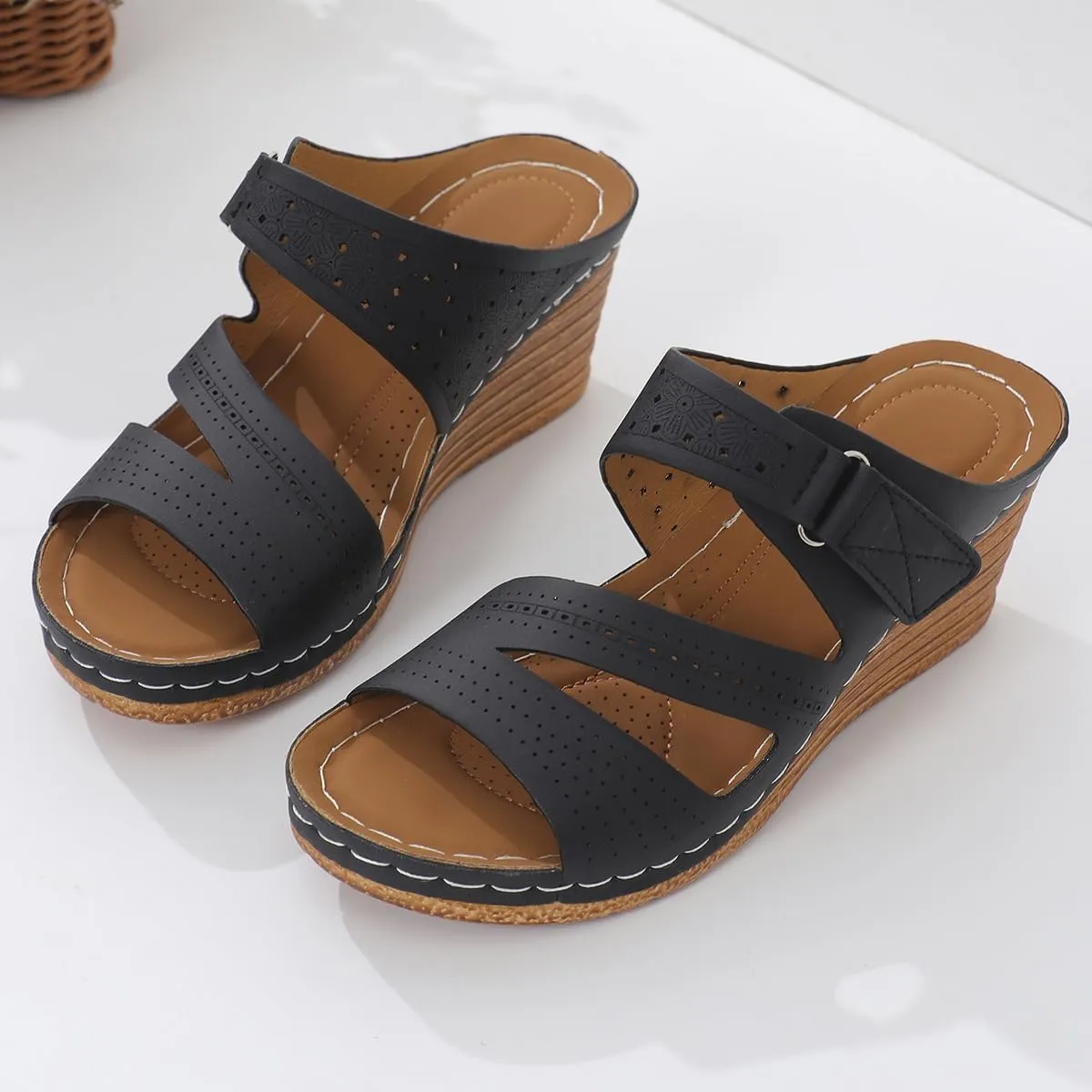 Platform Wedge Sandals for Women Dressy, Summer Casual Comfortable Walking Shoes Mid Heels Open Toe Double Buckle Slip on Slides Sandals Ladies Orthopedic Chunky Heel Sandal Hook & Loop