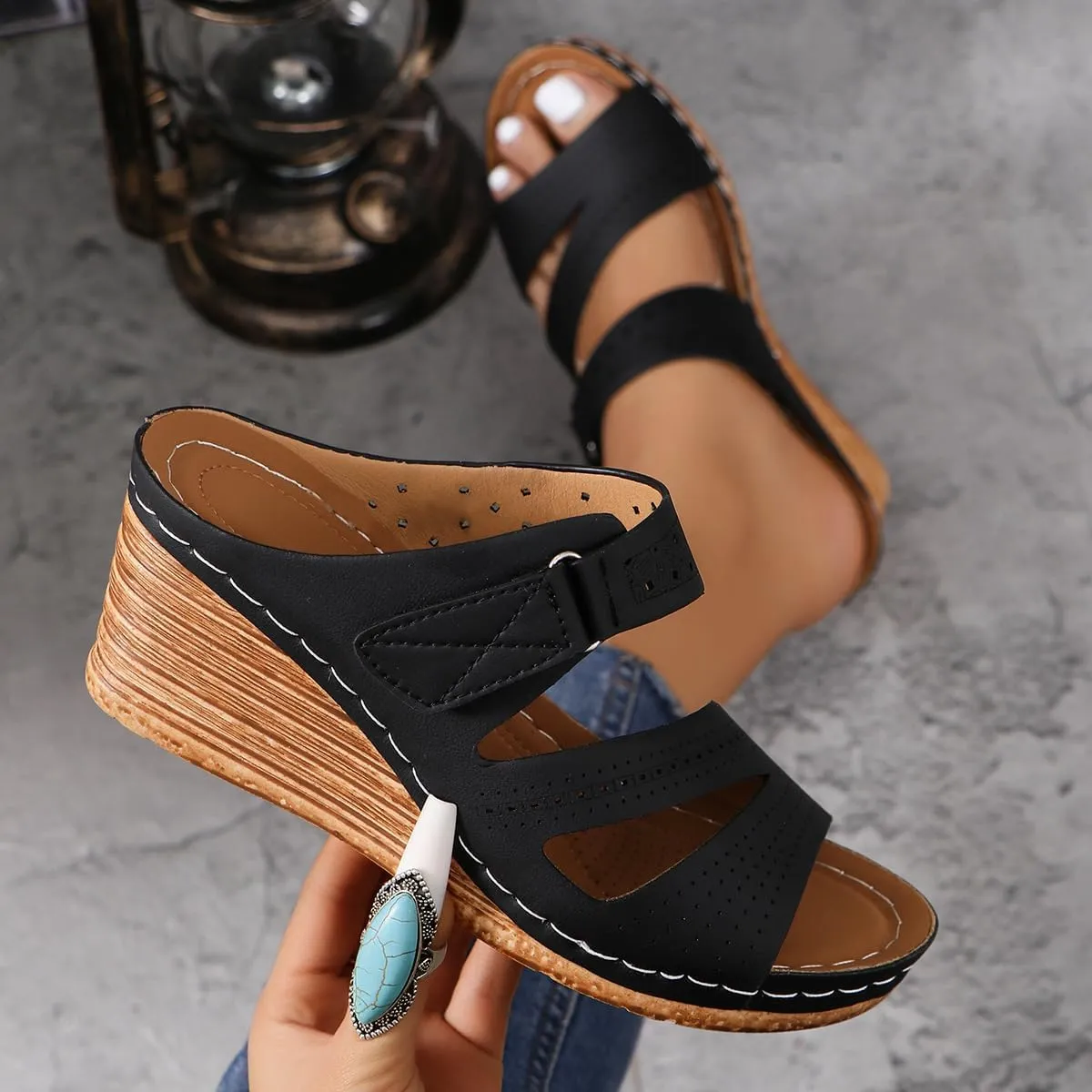 Platform Wedge Sandals for Women Dressy, Summer Casual Comfortable Walking Shoes Mid Heels Open Toe Double Buckle Slip on Slides Sandals Ladies Orthopedic Chunky Heel Sandal Hook & Loop