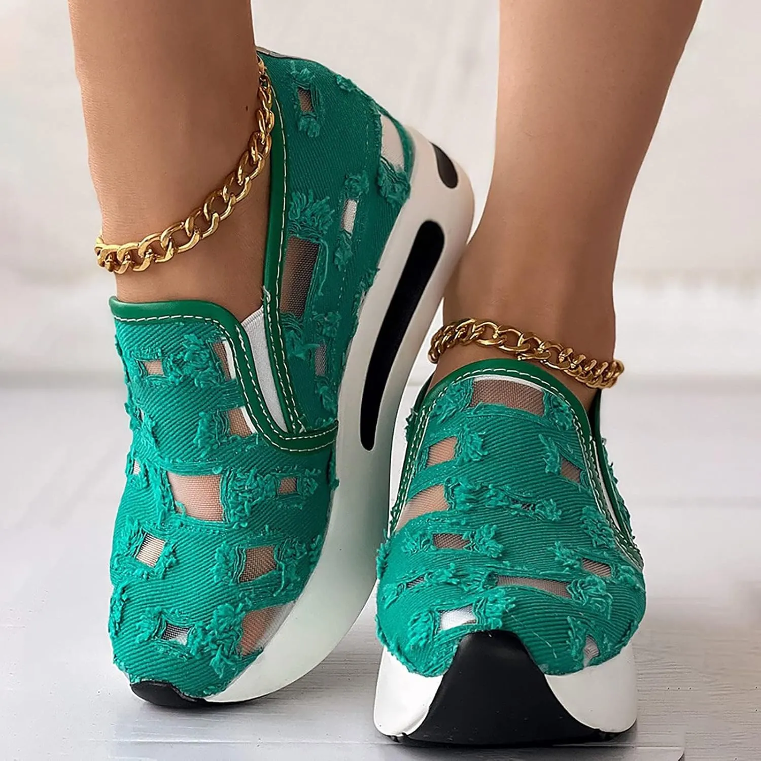 Platform Wedge Sneakers for Women Floral Embroidery Breathable Sheer Mesh Lace Sneakers Mesh Air Comfort Chunky Sole Hidden High Heels Slip On Loafers Dressy Casual Walking Shoes